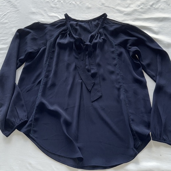 Buckle True Navy Boho Peasant Blouse Cold Shoulder Flowy Lightweight Tie Neck - Picture 3 of 14